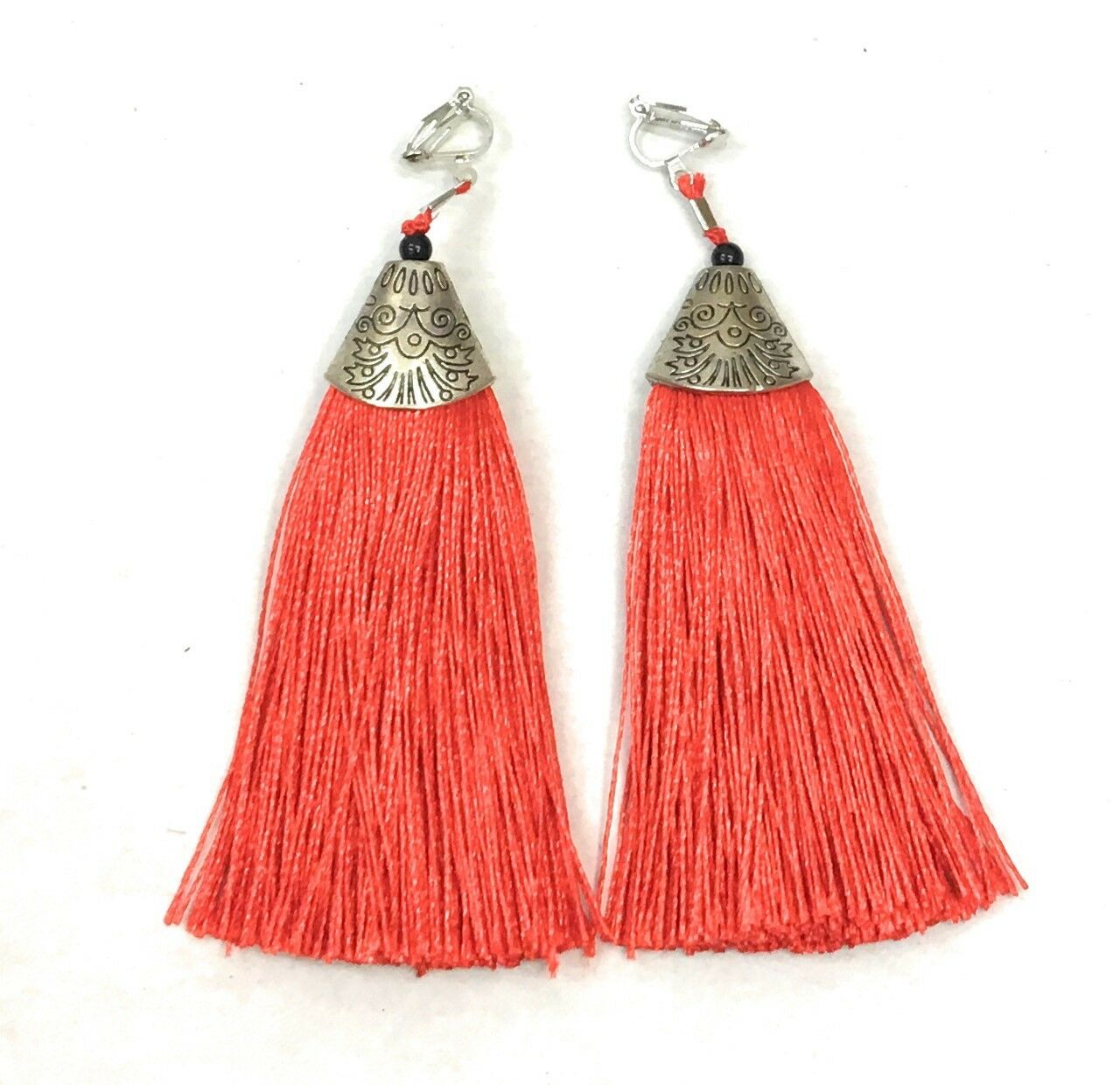 Scarlet Red Long Funky Tassel Chandelier Silver Dangle Party Earrings - Pierced or Clip On
