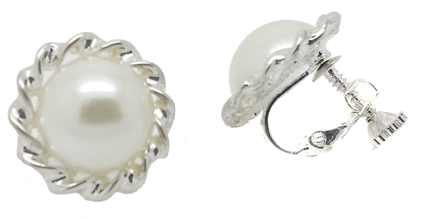 Silver Rim Pearl Round Clip On Earring Screw Back Stud