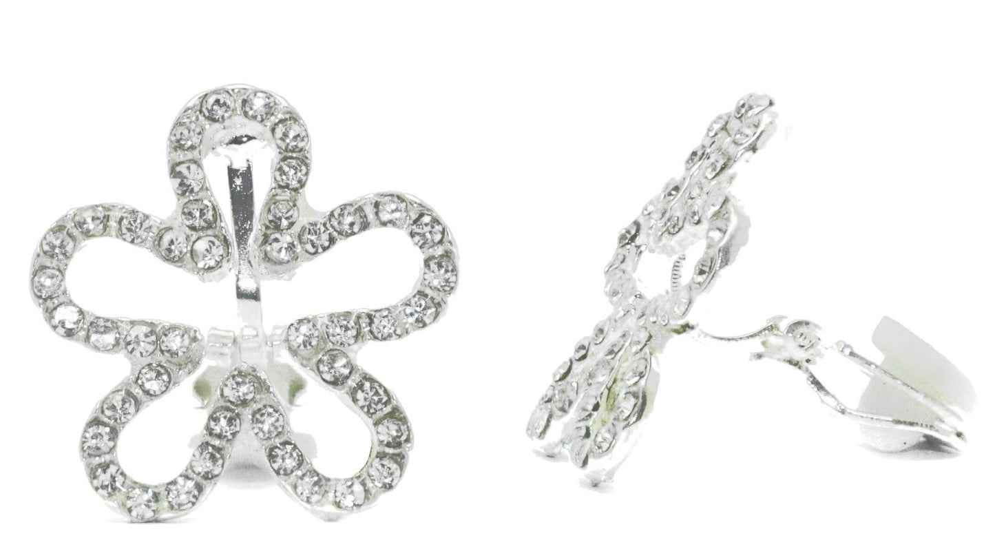 Flower Non-Pierced Crystal Silver Stud Diamante Clip On Earrings CZ Cushion