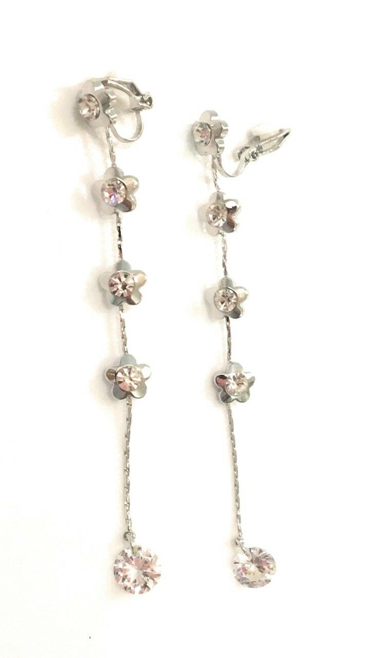 Womens Girls Long Flower Liquid Chandelier Tassel Dangle CLIP ON Earrings for Non Pierced Ears - Silver Tone