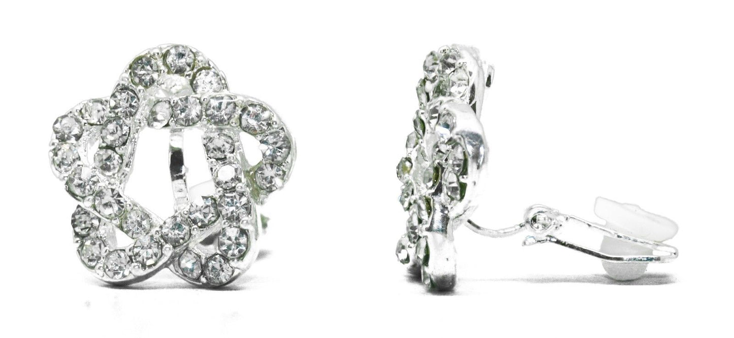 Silver Flower Knot Clip-on Stud Kids Womens Girls Earrings Bridal Crystal