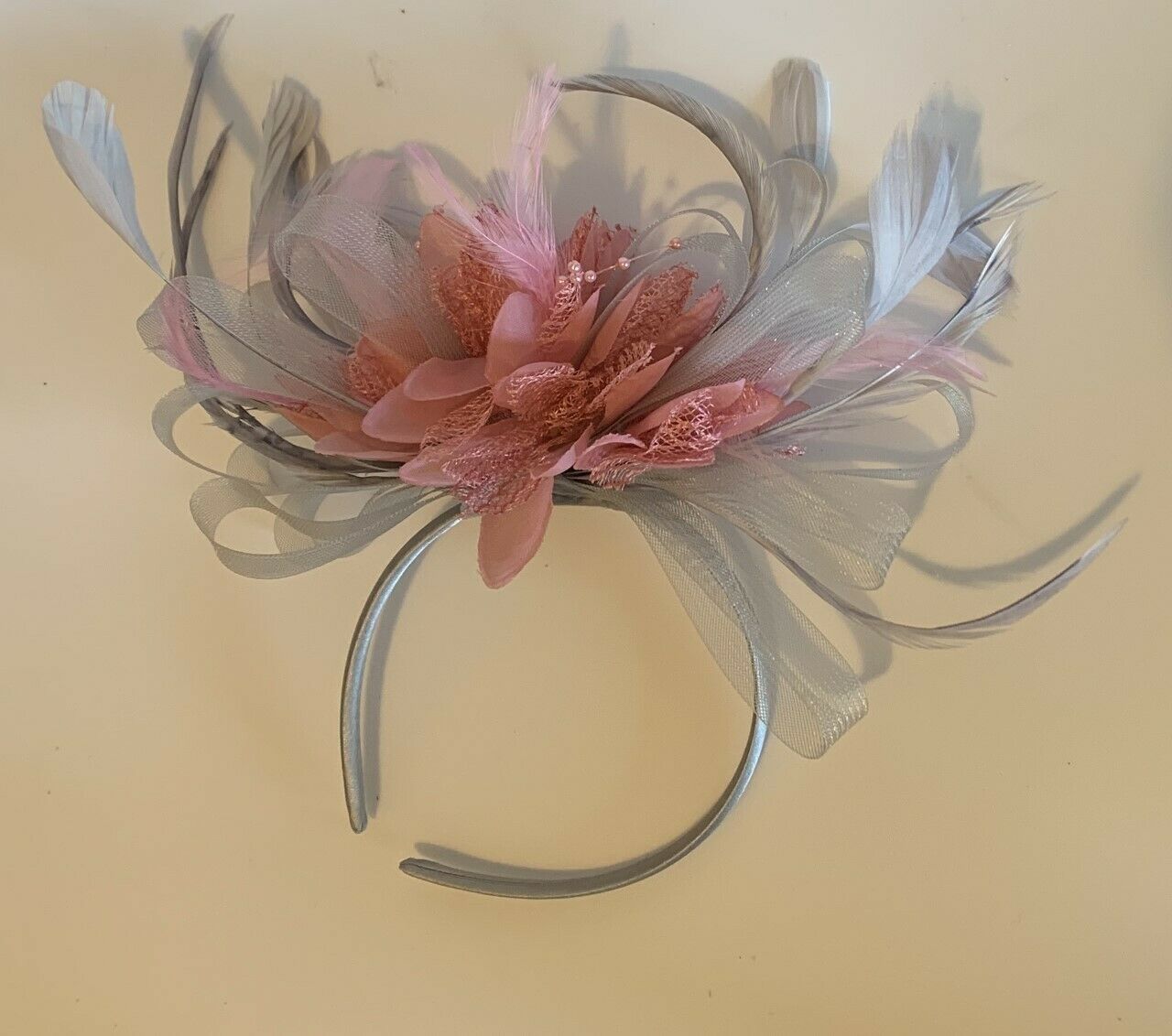Caprilite Grey Silver & Dusty Pink Fascinator on Headband AliceBand UK Wedding Ascot Races Loop