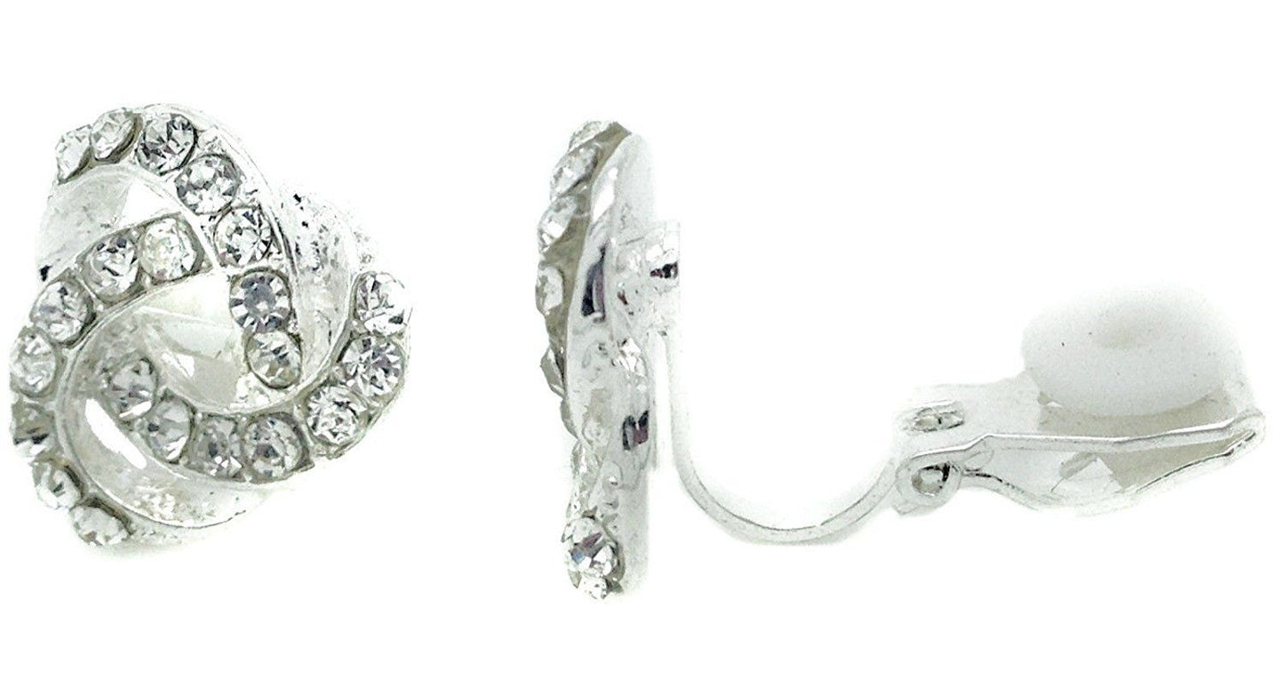 Knot Swirl Stud Clip on Earrings Crystal Women Ladies Clipon Silver Bridal