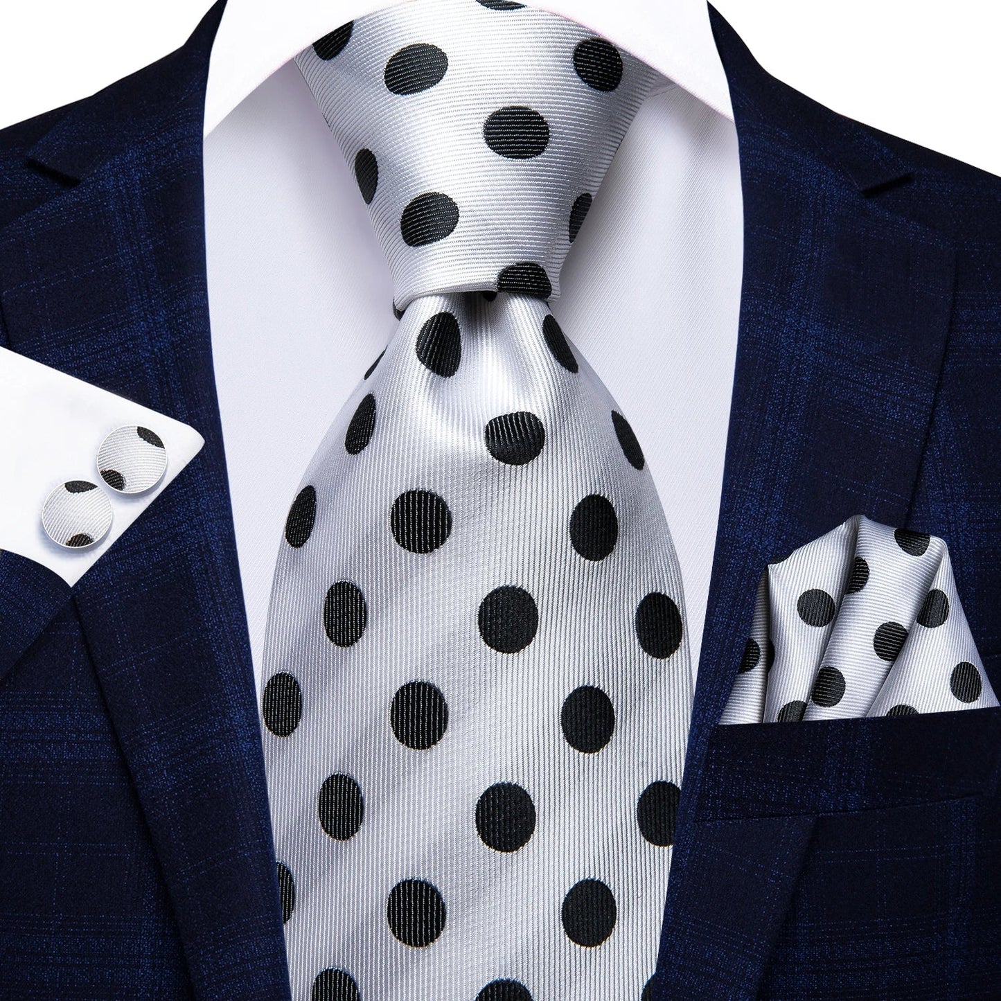 Silver and Black Polka Dot Silk Tie - With Matching Cufflinks & Pocket Square