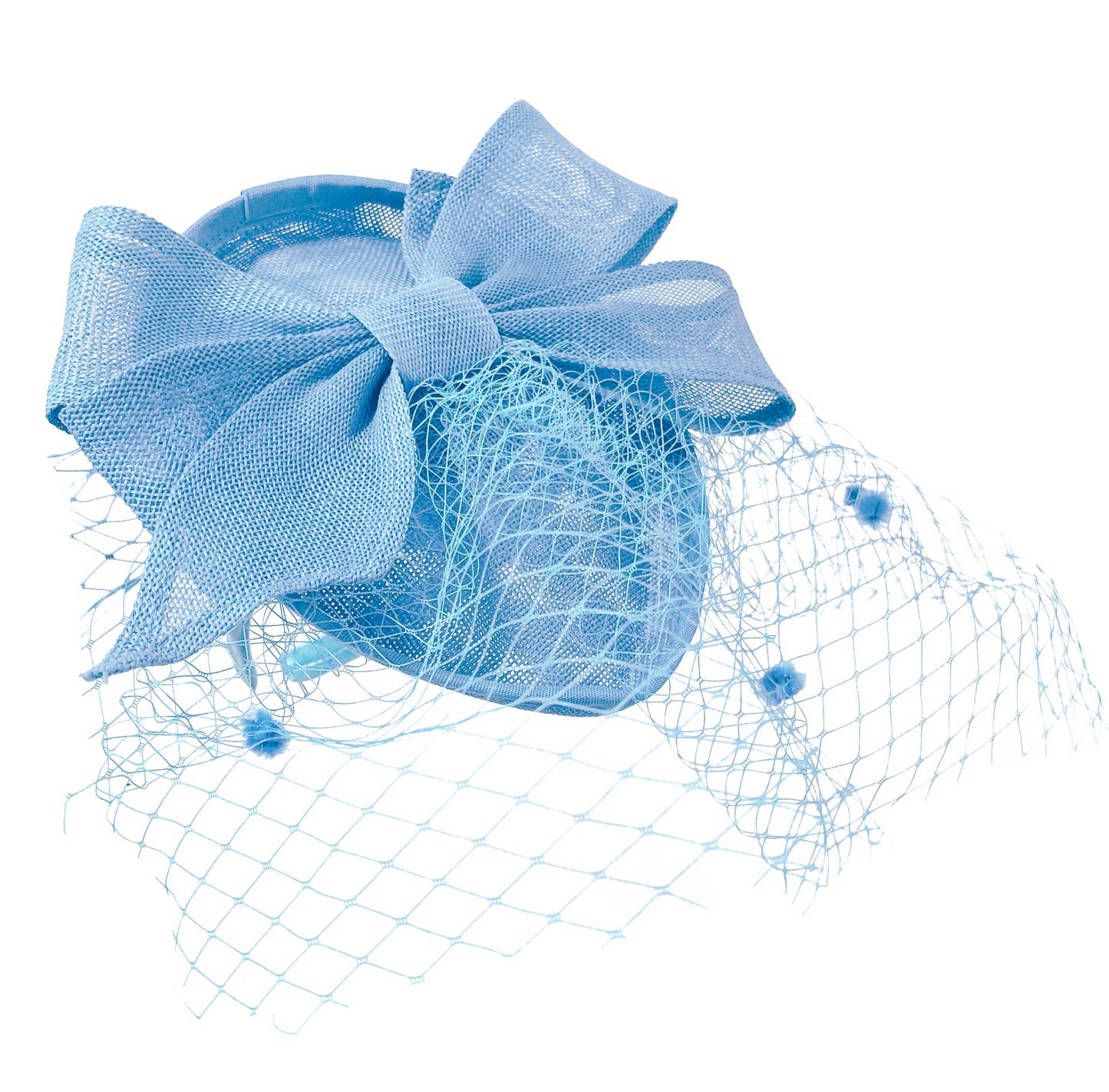Teardrop Pointed Pillbox Base Large Bow Fascinator with Birdcage Veil on Headband