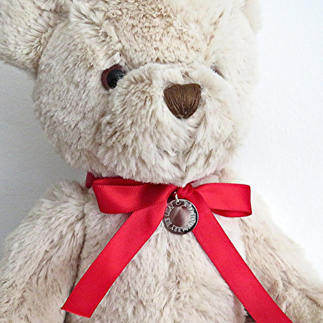 Personalised Teddy Bear & Edge Disc - Red Ribbon