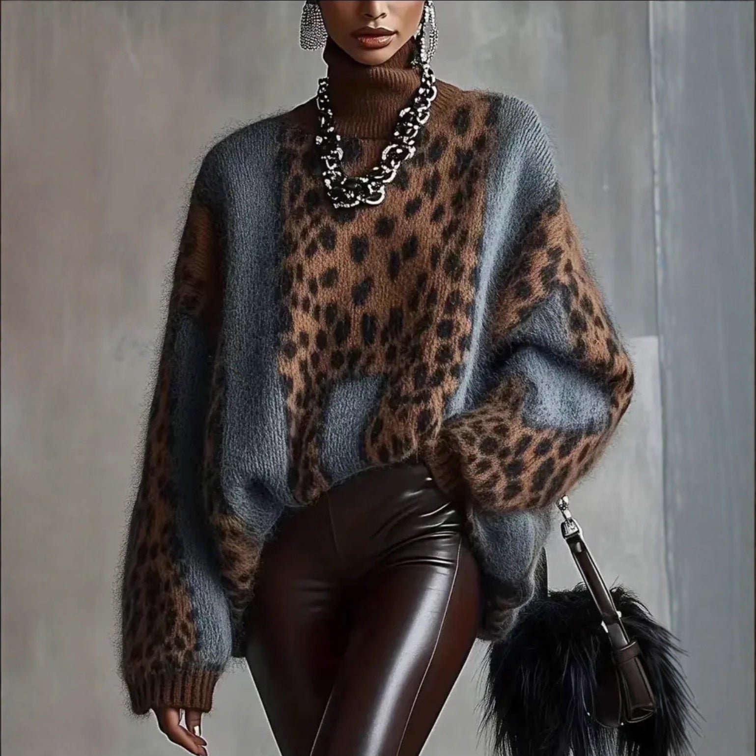 Leopard Print Loose Fit Vintage Patchwork Knit Sweater