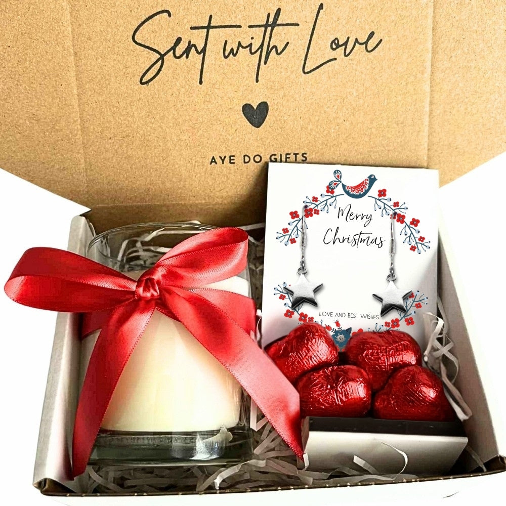 Small Merry Christmas Star Gift Hamper | Earrings, Chocolates & Candle