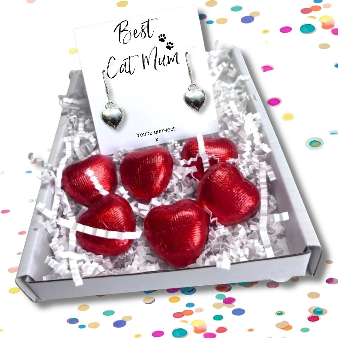 Best Cat Mum Mini Gift Hamper with Silver Heart Earrings