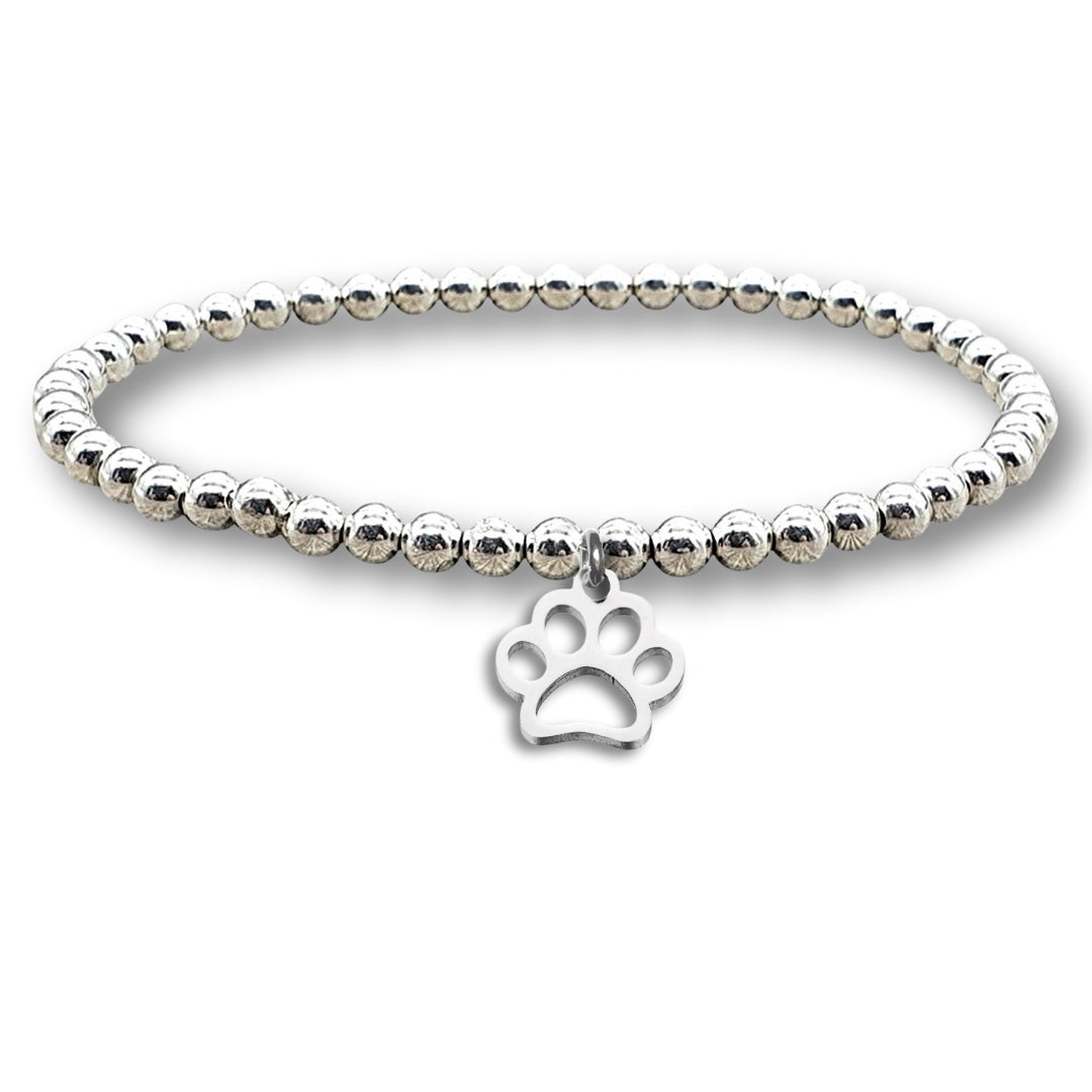 Women's Paw Print Silver Beaded Bracelet