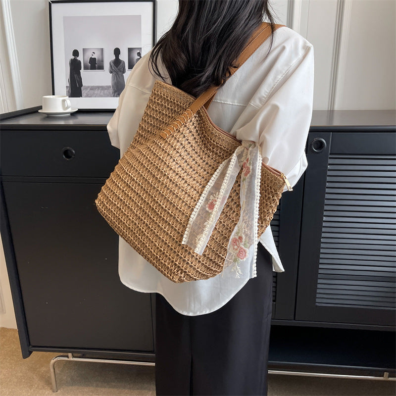 Women's Fashion Large-capacity Woven One-shoulder Bucket Bag