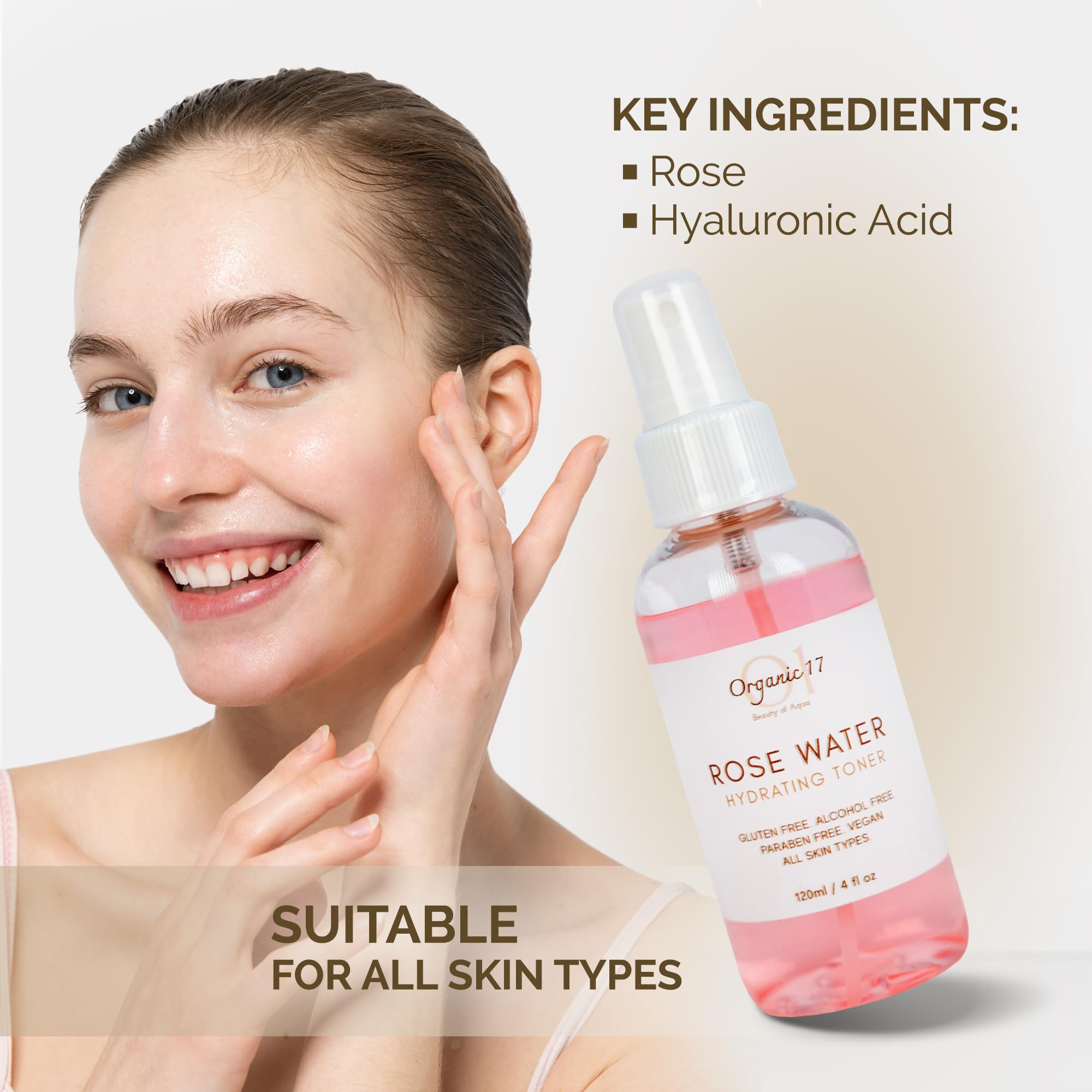 Rose Water Hydrating Toner Spray | Organic Aloe Vera & Hibiscus, Alcohol-Free, Dermatologist Tested, 120ml