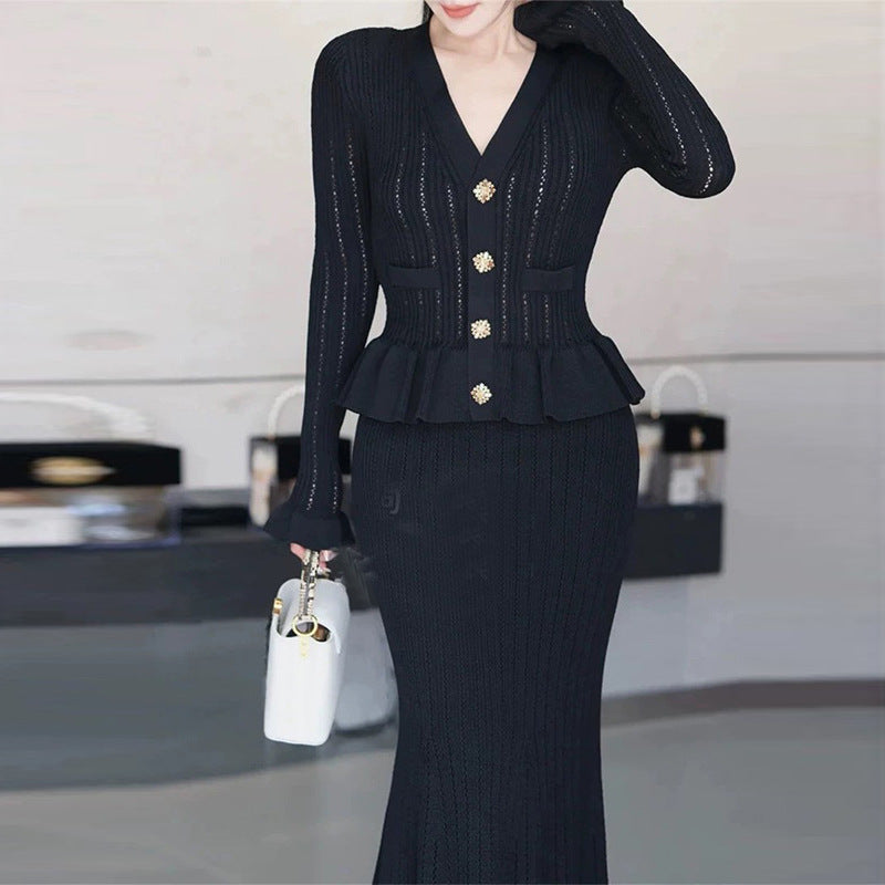 Female V-neck Ruffled Long Sleeved Patchwork Dress