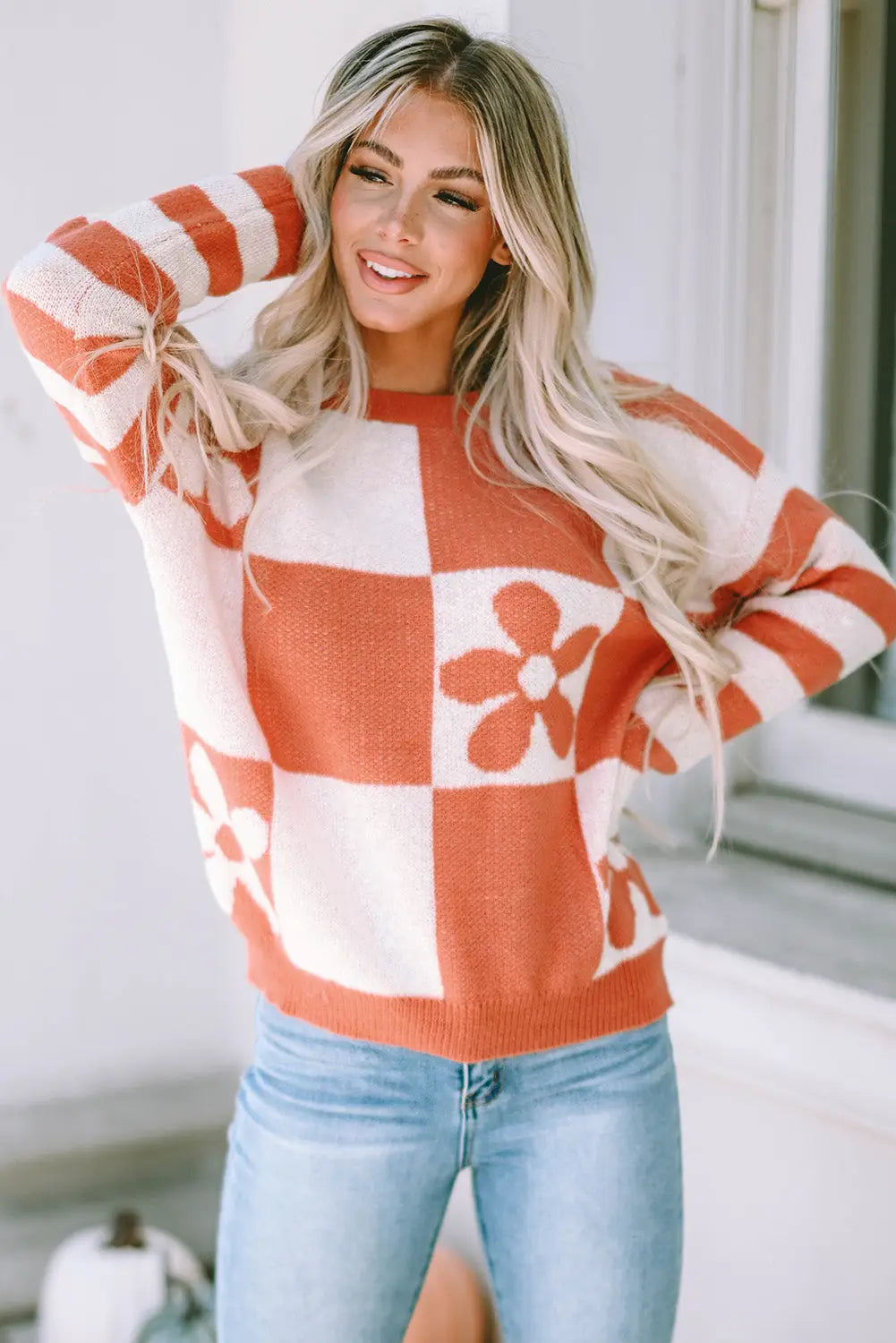 Checkered Floral Print Striped Sleeve Sweater Women UK