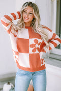 Checkered Floral Print Striped Sleeve Sweater Women UK