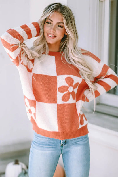 Checkered Floral Print Striped Sleeve Sweater Women UK