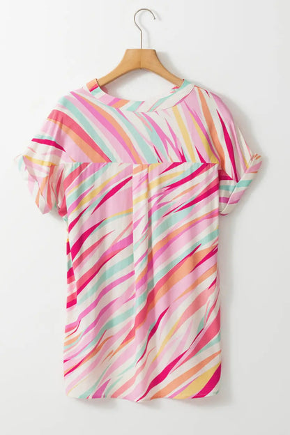 Abstract Print High Low Hem Short Sleeve Blouse Women UK