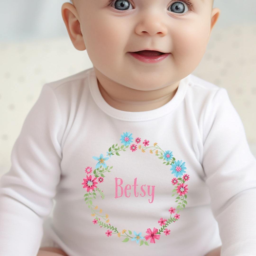 Personalised Simple Floral Circle Baby Grow, Vest or Bib with Name