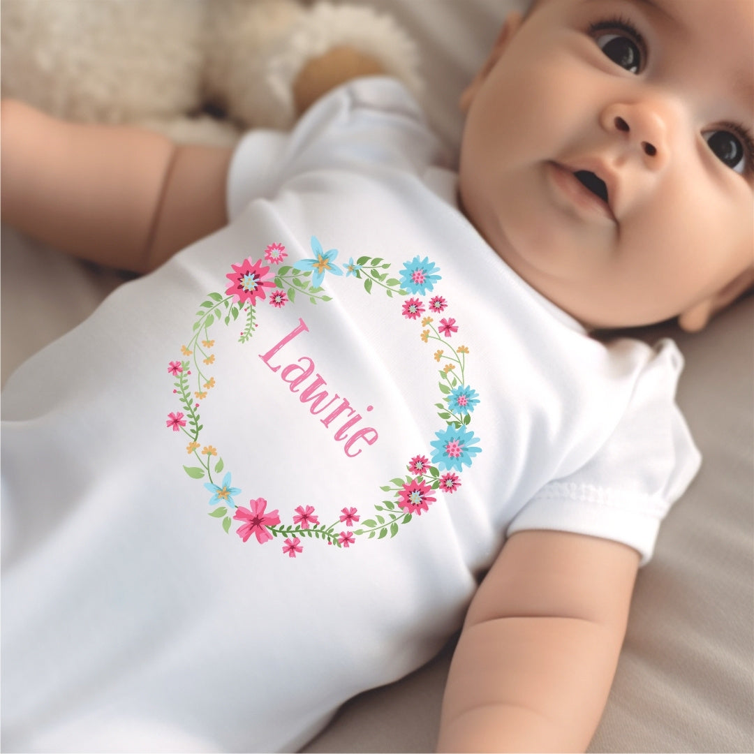Personalised Simple Floral Circle Baby Grow, Vest or Bib with Name
