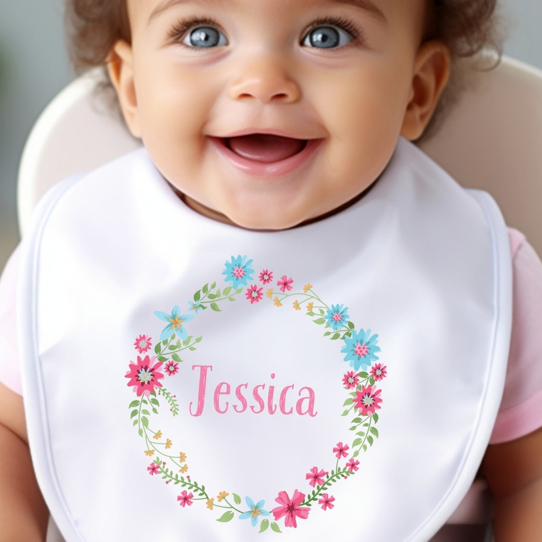 Personalised Simple Floral Circle Baby Grow, Vest or Bib with Name