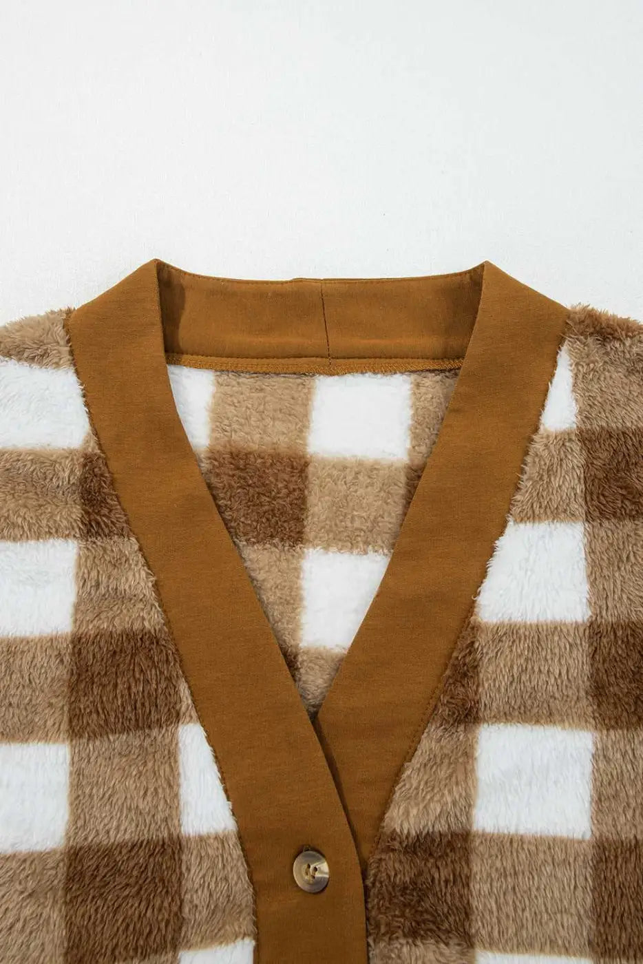 Brown Gingham Check Sherpa Cardigan V-Neck Button Down Banded Hem
