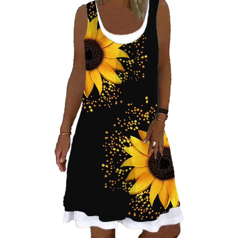 Women's Printed Patchwork Round Neck Sleeveless Pleating Dress