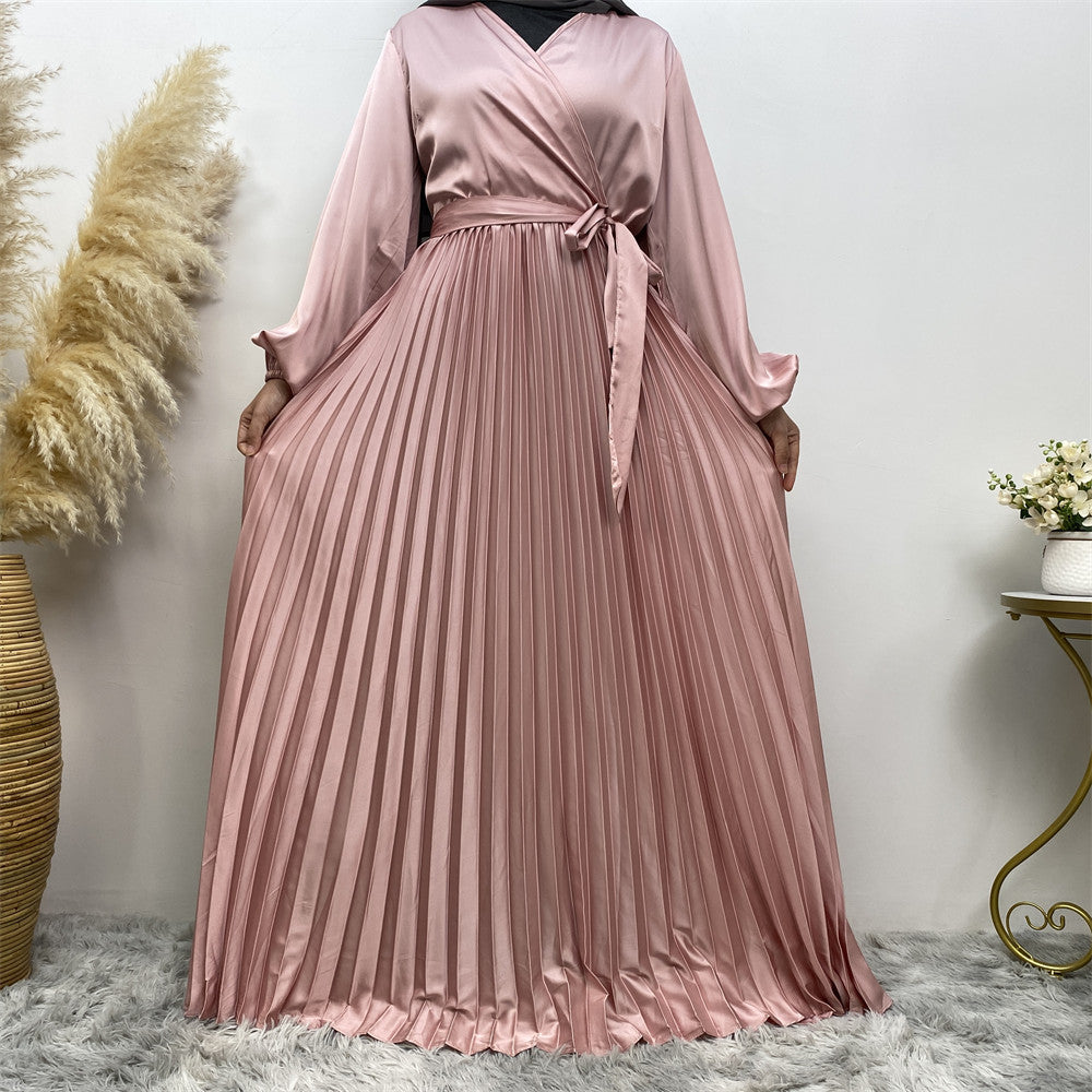 Fashionable V-neck Patchwork Pleated Large Hem Dress