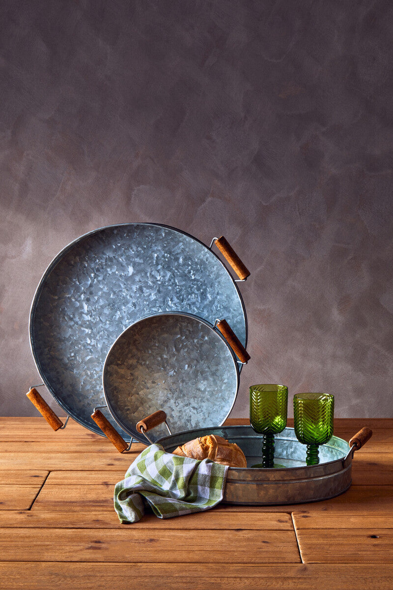 Drummond Round Galvanised Steel Tray With Wood Handles