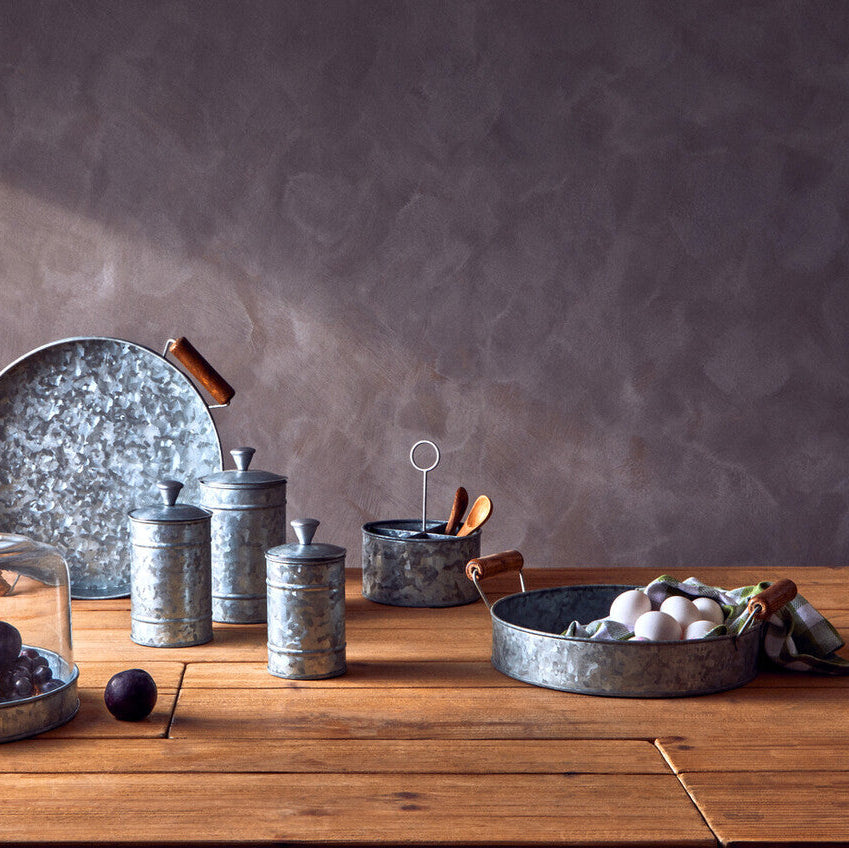 Drummond Galvanised Steel Round Tray With Wood Handles