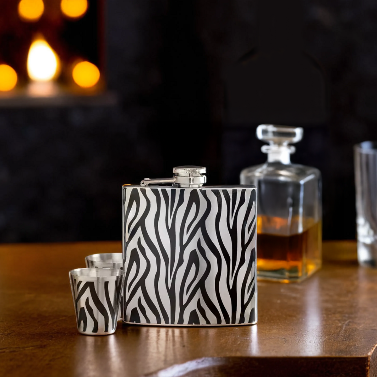 Zebra  Hip Flask And Shot Glasses Set | Auden