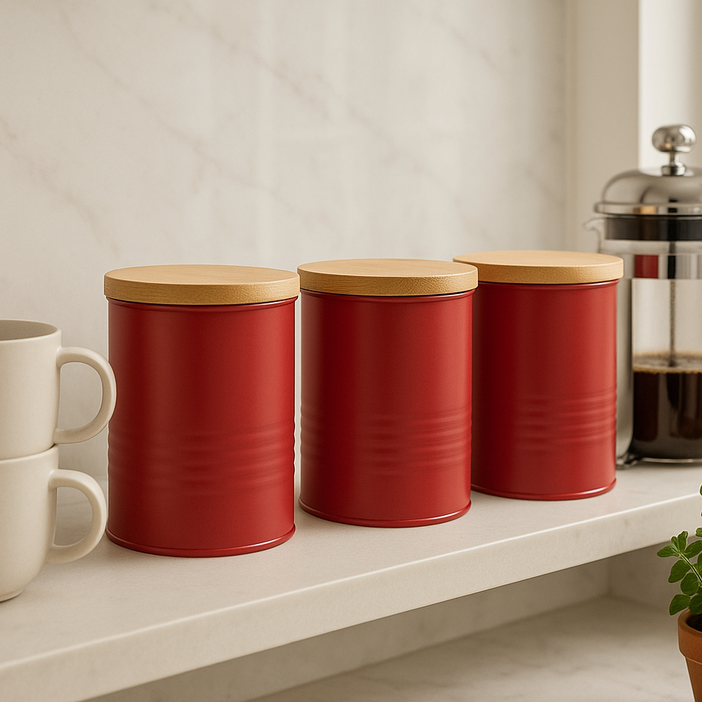 Alton Red Metal Canister Set of 3 with Bamboo Lids