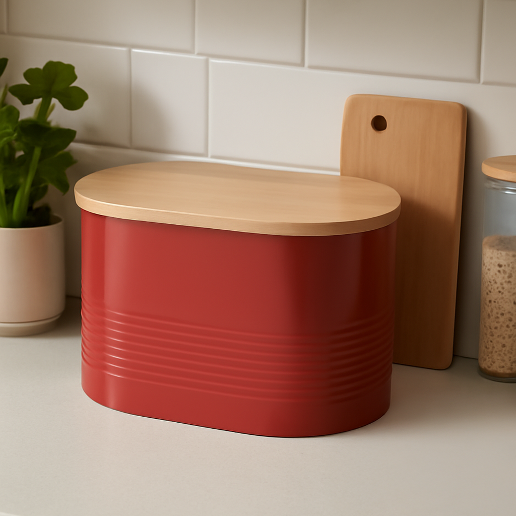 Alton Red Metal Bread Bin with Bamboo Lid