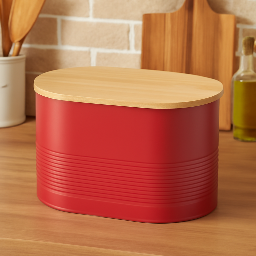 Alton Red Metal Bread Bin with Bamboo Lid