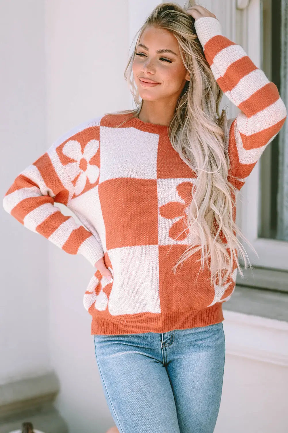 Checkered Floral Print Striped Sleeve Sweater Women UK