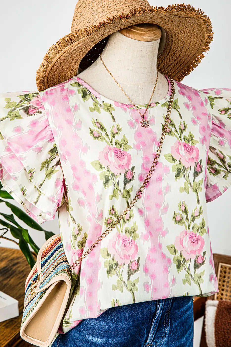 Pink Floral Ruffled Sleeve Summer Top Women UK