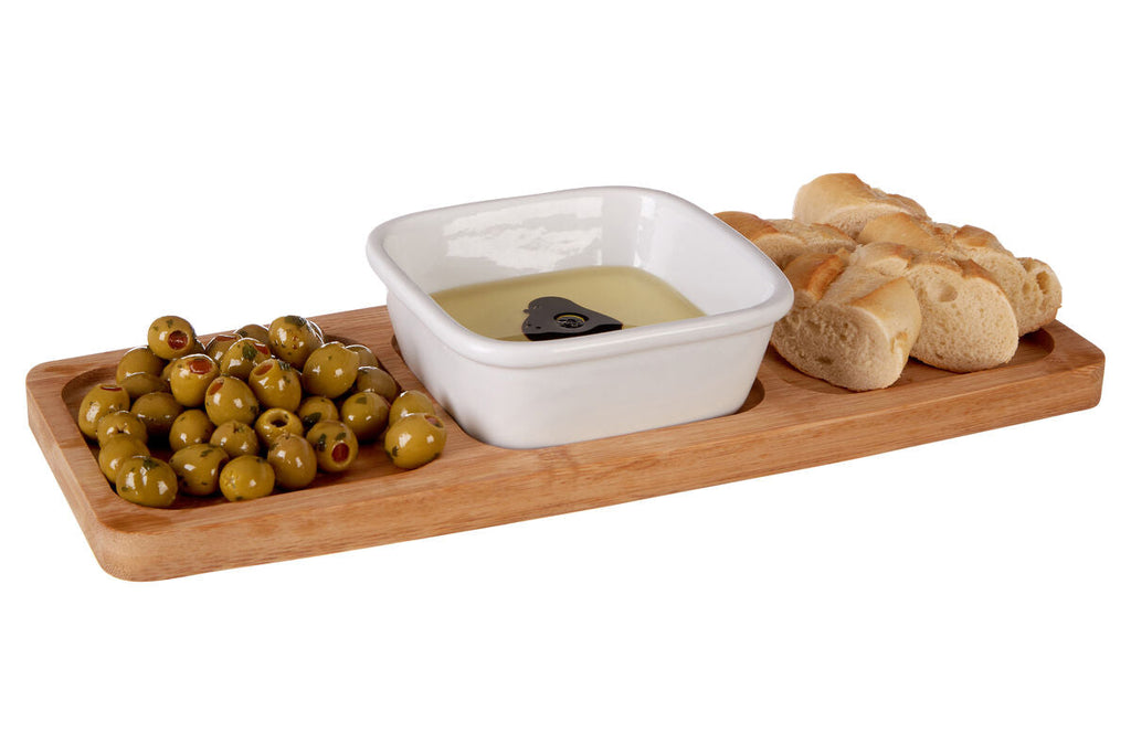 Aleki Natural Bamboo Snack Tray with White Dipping Bowl