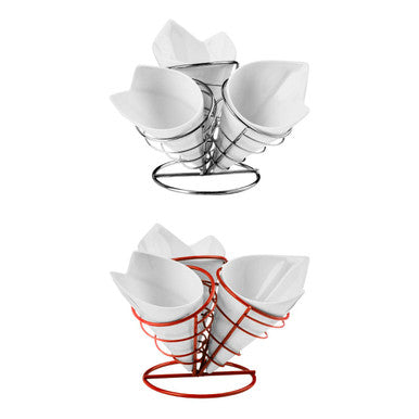 Hollywood 3 French Fry Cones With Red Metal Stand Set