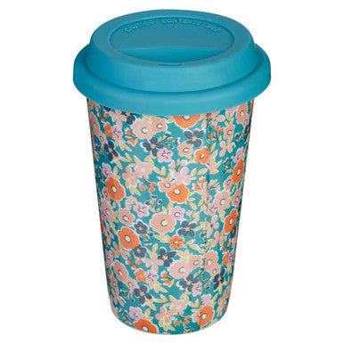 Taza Floral Design Ceramic Reusable Mug with Silicone Lid