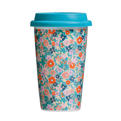 Taza Floral Design Ceramic Reusable Mug with Silicone Lid