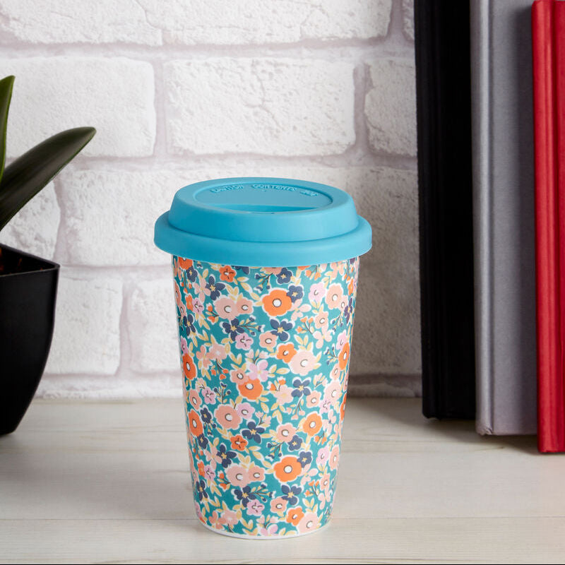 Taza Floral Design Ceramic Reusable Mug with Silicone Lid