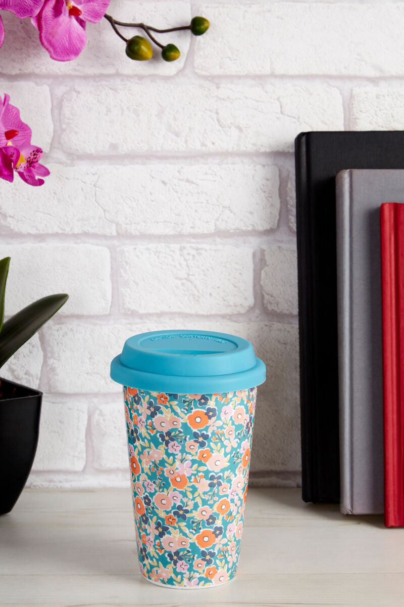 Taza Floral Design Ceramic Reusable Mug with Silicone Lid