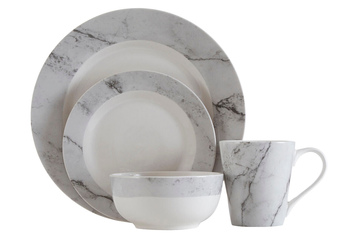 Avie 16 Piece White And Grey Marble Design Dinner Set