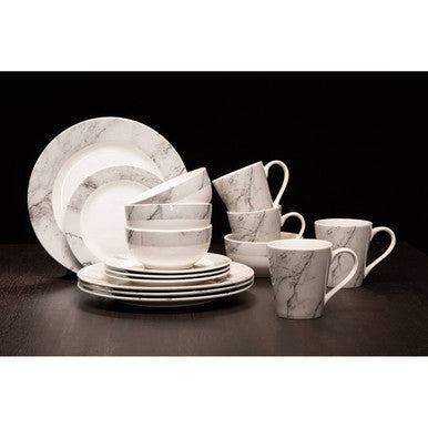 Avie 16 Piece White And Grey Marble Design Dinner Set