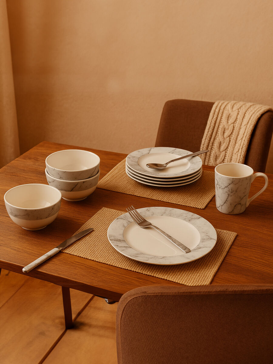 Avie 16 Piece White And Grey Marble Design Dinner Set