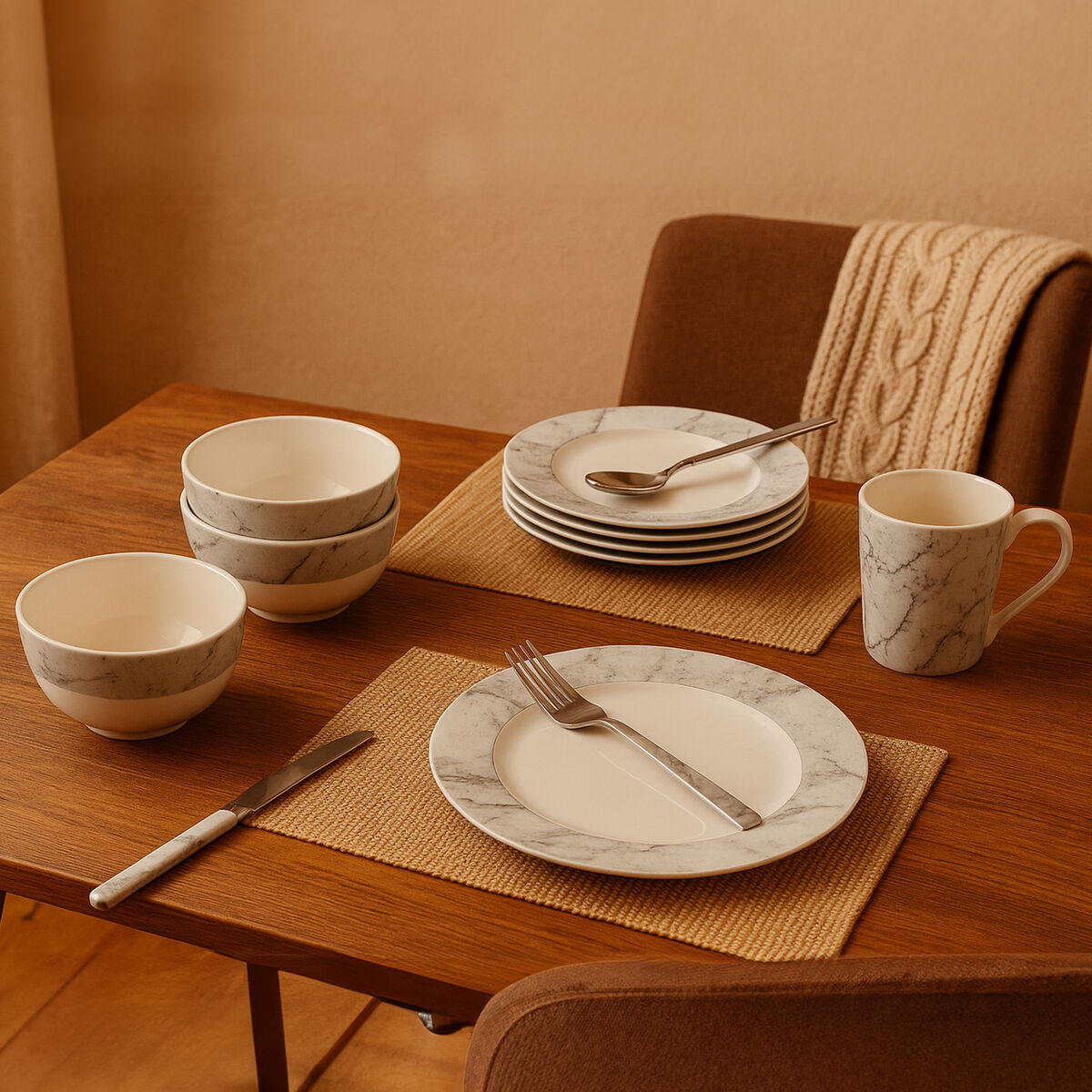 Avie 16 Piece White And Grey Marble Design Dinner Set