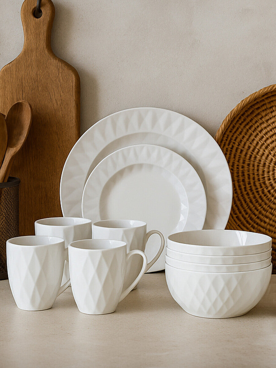 Avie 16 Piece Embossed Geo Dinner Set
