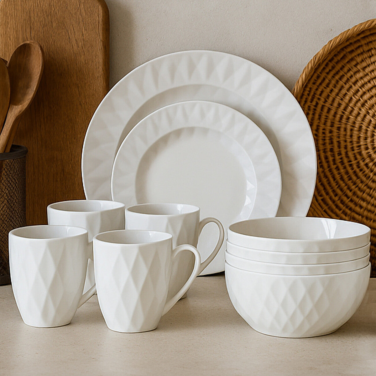 Avie 16 Piece Embossed Geo Dinner Set