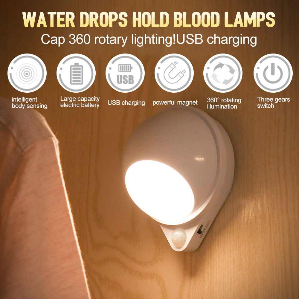 Human Body Induction 360 Rotating Water Drop Night Light Bedroom Bedside Charging