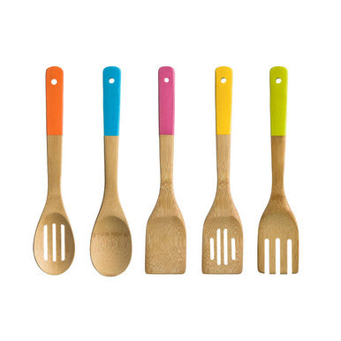 Aleki Natural Bamboo 5 Piece Utensil Set with Coloured Handles