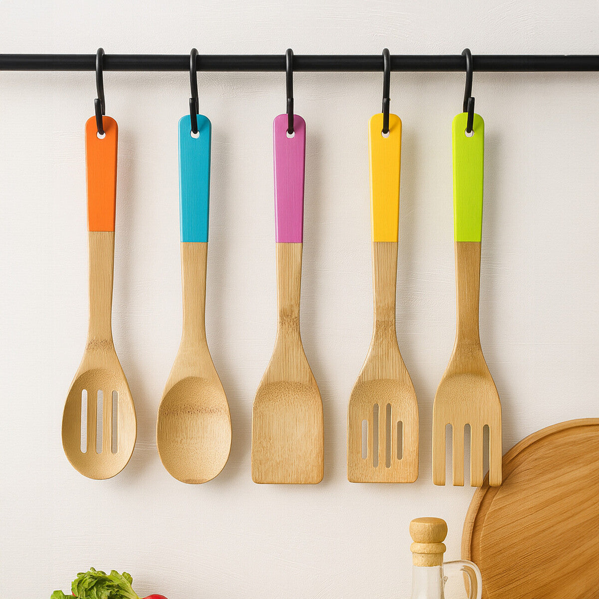 Aleki Natural Bamboo 5 Piece Utensil Set with Coloured Handles